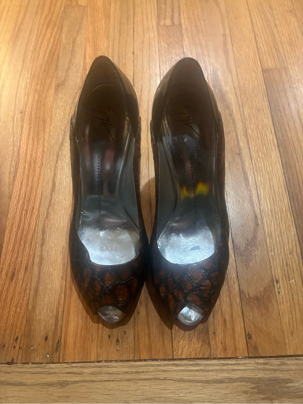 Guiseppe Zannoti Classic Women’s Peep-Toe Pumps in Brown